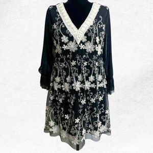 Young Essence Black Floral Embroidered Mini Dress